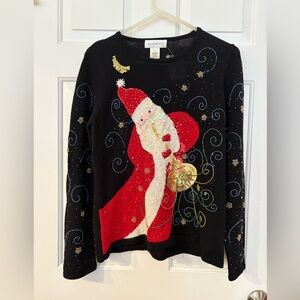 Ugly Christmas Sweater Jazz Santa Sequins Festive Sax Size L  Susan Bristol NWT